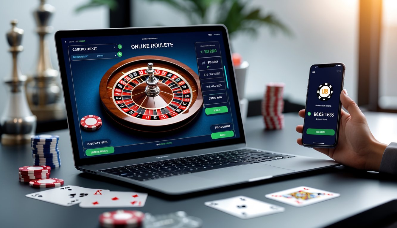 Sebuah laptop dan ponsel di meja dengan tampilan roda roulette digital dan layar transaksi deposit rendah.