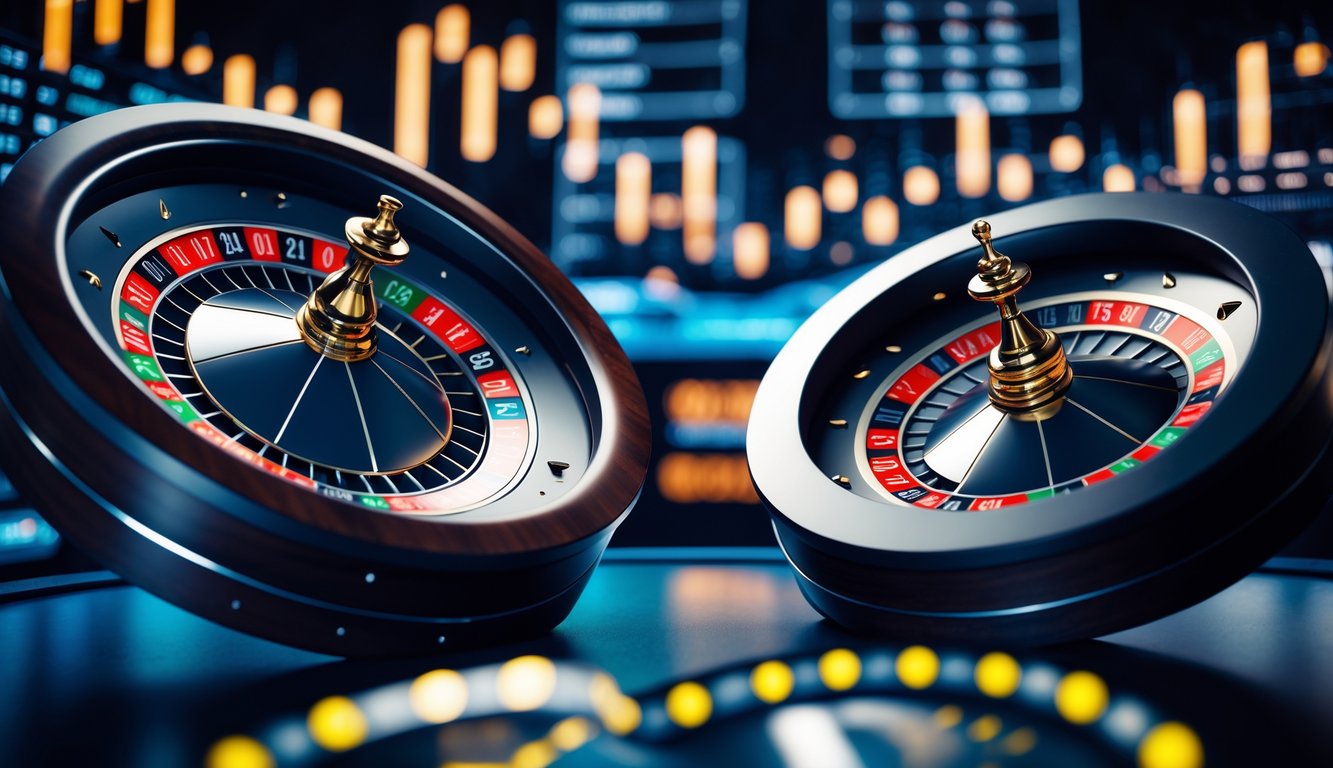 Dua roda roulette, Eropa dan Amerika, berdampingan di meja kasino dengan latar belakang grafik data yang menunjukkan perbandingan keuntungan.