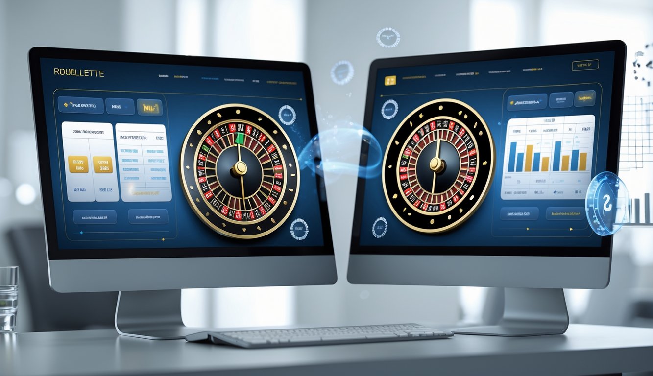 Dua layar komputer berdampingan menampilkan roda roulette digital Eropa dan Amerika dengan grafik data di latar belakang.