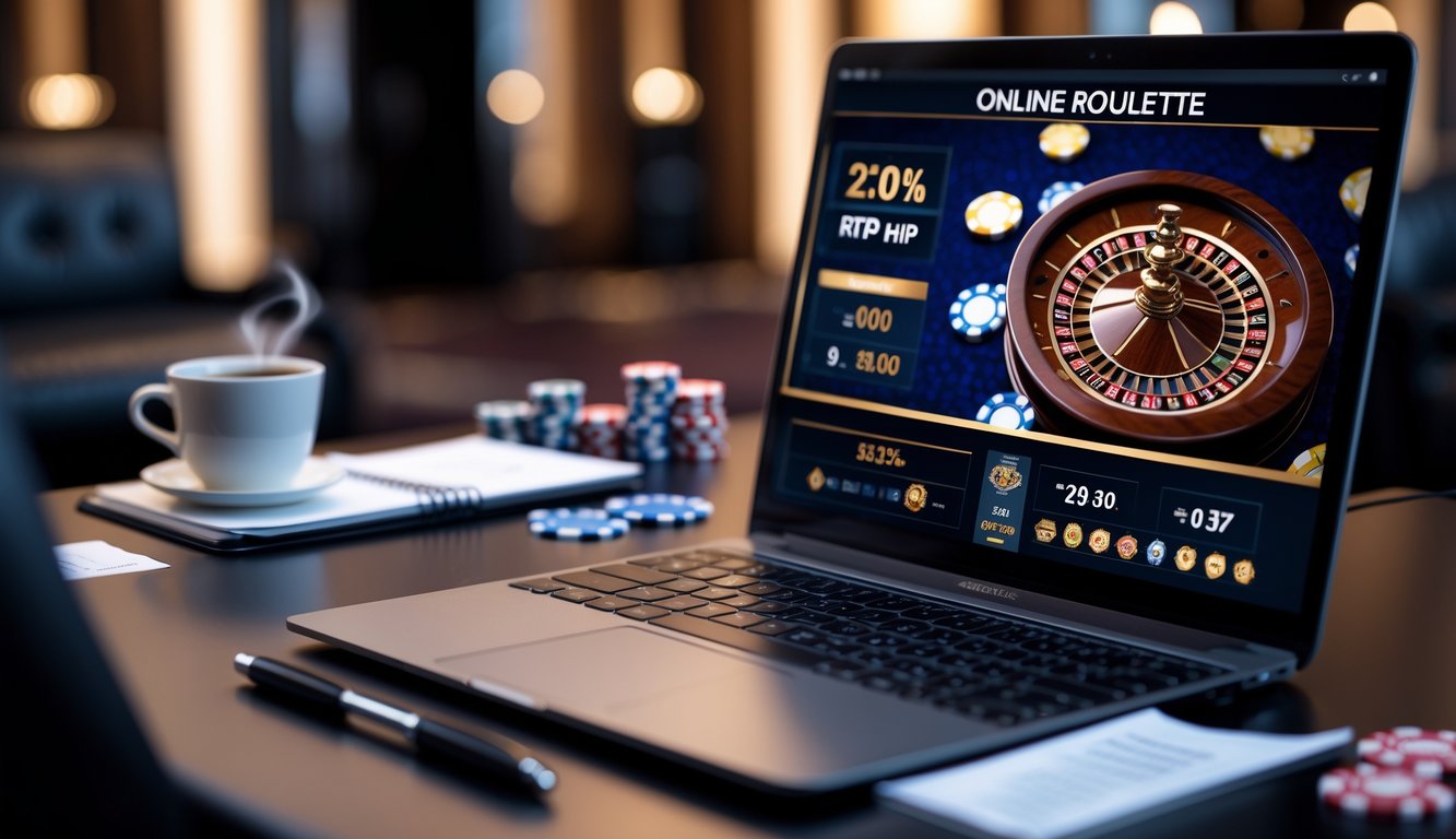 Seorang profesional sedang melihat layar komputer yang menampilkan permainan roulette online dengan grafik dan statistik RTP tinggi di meja kerja yang rapi.