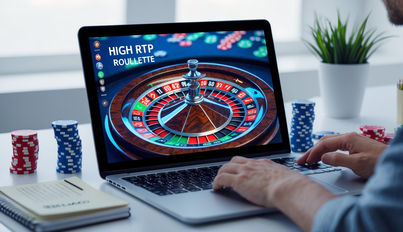 Seorang pemain fokus melihat layar komputer dengan permainan roulette online dan beberapa chip poker di meja.