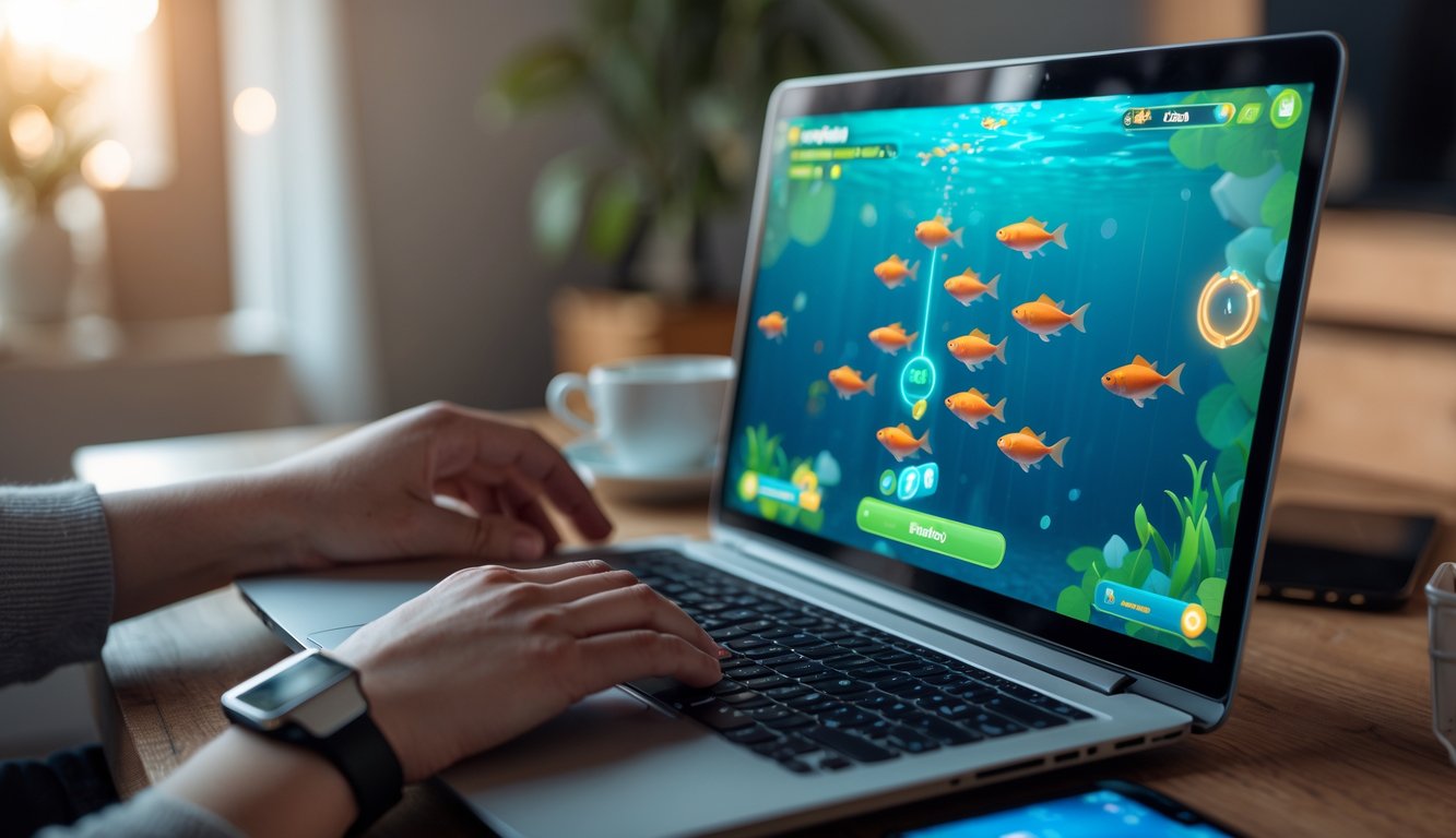 Seorang pemula bermain permainan tembak ikan online dengan taruhan kecil di laptop di rumah yang nyaman.