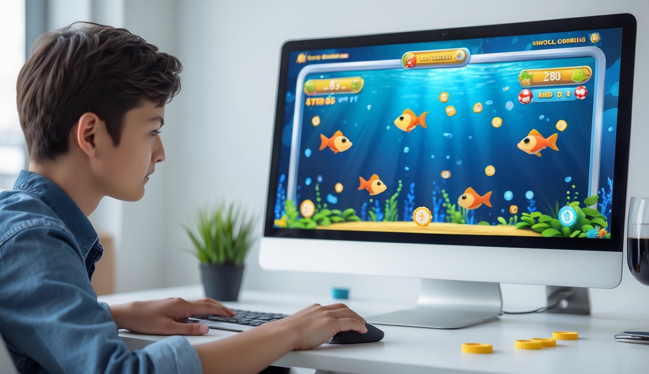 Seseorang sedang bermain permainan judi tembak ikan di komputer dengan taruhan kecil, terlihat fokus dan suasana yang tenang.