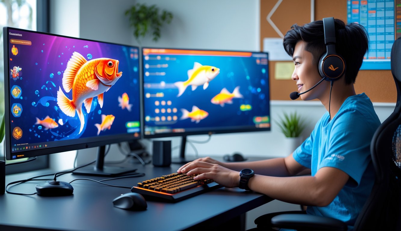 Seorang dewasa muda duduk di meja kerja dengan beberapa monitor yang menampilkan permainan tembak ikan online, terlihat fokus dan percaya diri.