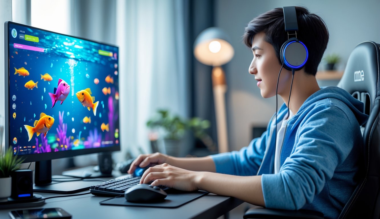 Seseorang sedang bermain permainan tembak ikan online di komputer di ruang kerja modern.