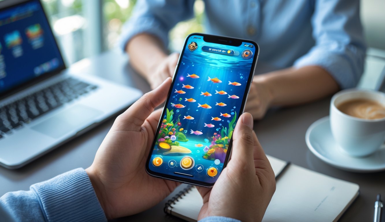 Seorang pria memegang ponsel yang menampilkan permainan tembak ikan dengan latar meja kerja berisi laptop, buku catatan, dan cangkir kopi.