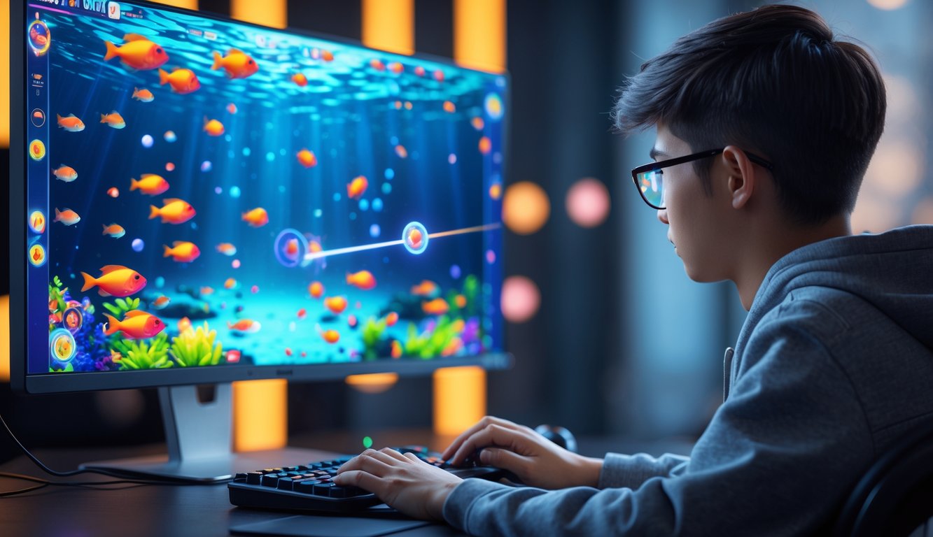 Seorang pemain muda sedang fokus bermain permainan judi tembak ikan di komputer dengan layar menampilkan ikan dan target berwarna-warni.