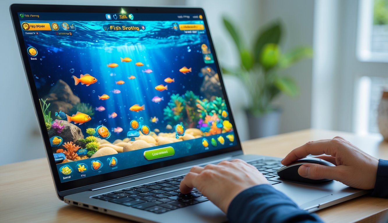 Seorang pemain sedang bermain game tembak ikan online di komputer dengan fokus dan suasana ruangan yang terang.