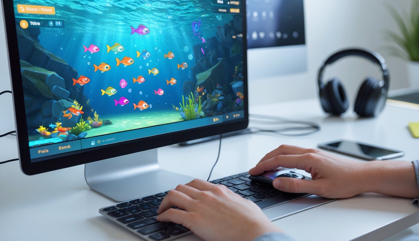 Seseorang sedang bermain permainan tembak ikan online di komputer dengan tampilan ikan-ikan berwarna-warni di layar.