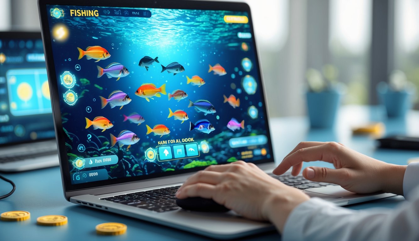 Layar komputer menampilkan permainan ikan online dengan berbagai ikan berwarna-warni dan seseorang menggunakan mouse untuk bermain.