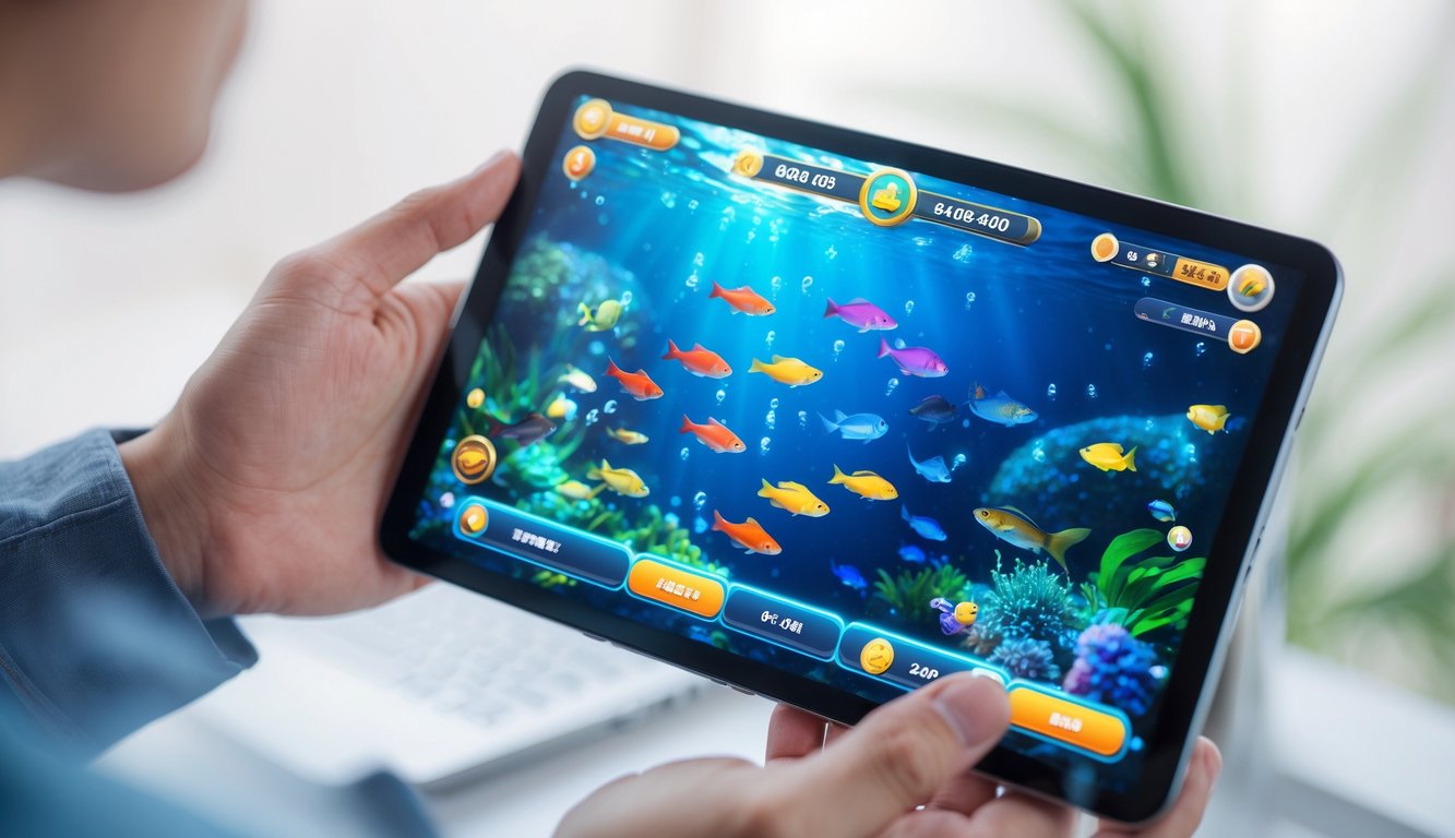 Seseorang memegang perangkat digital yang menampilkan permainan tembak ikan online dengan ikan berwarna-warni di layar.