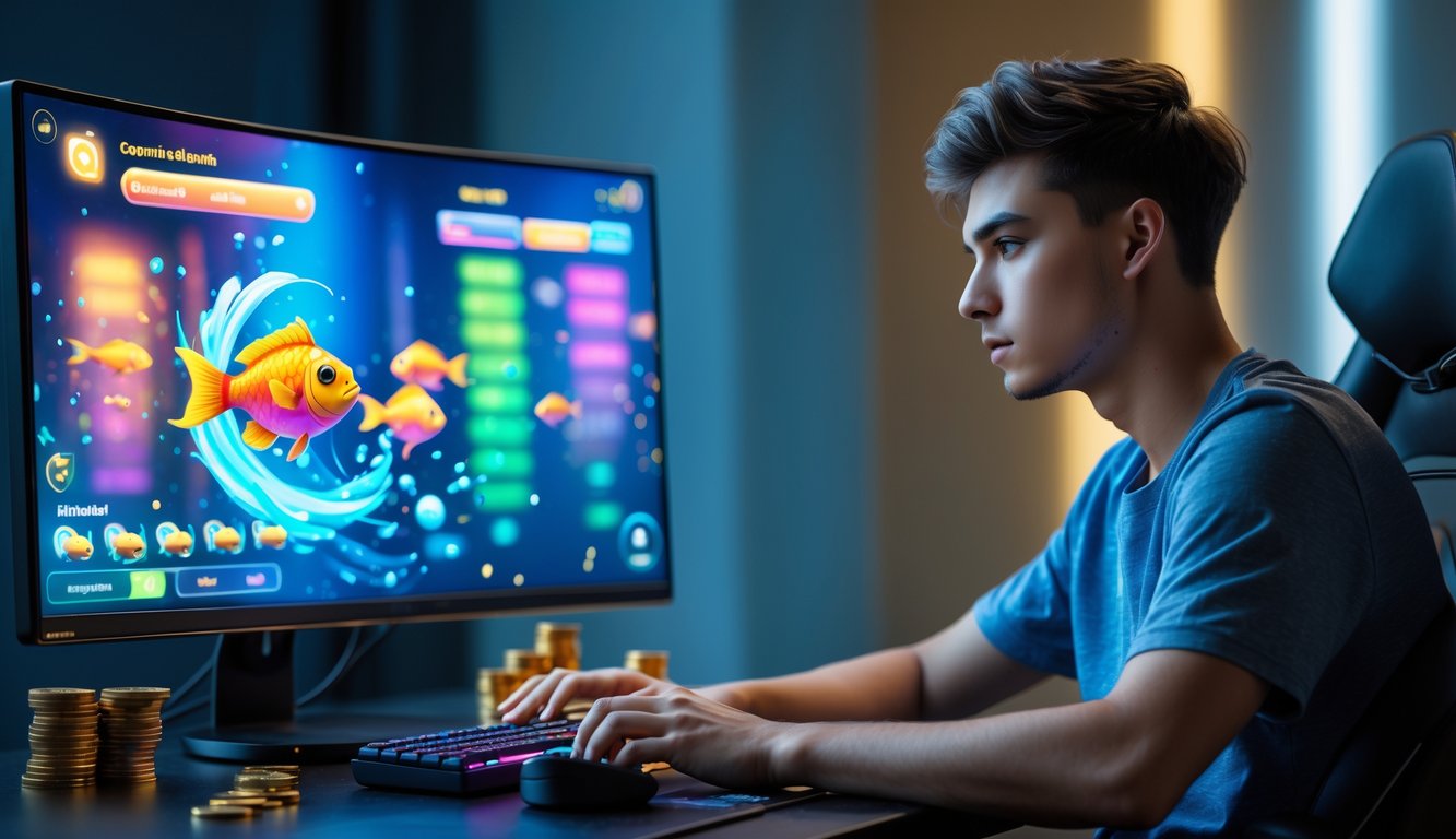 Seorang pria muda duduk di depan komputer dengan permainan tembak ikan yang berwarna-warni di layar, tampak fokus dan serius dalam bermain.