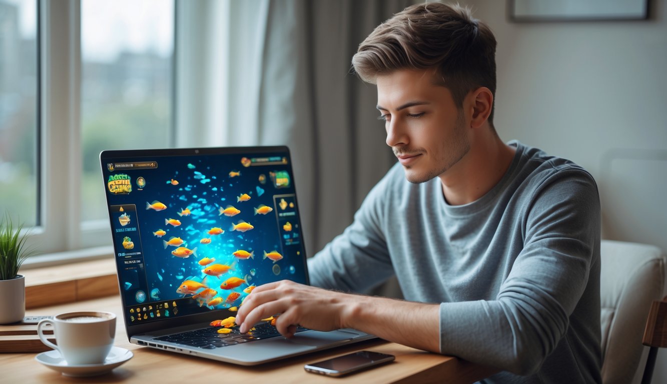 Seorang pria muda fokus bermain permainan judi tembak ikan di laptop di sebuah ruangan yang nyaman dengan pencahayaan alami.