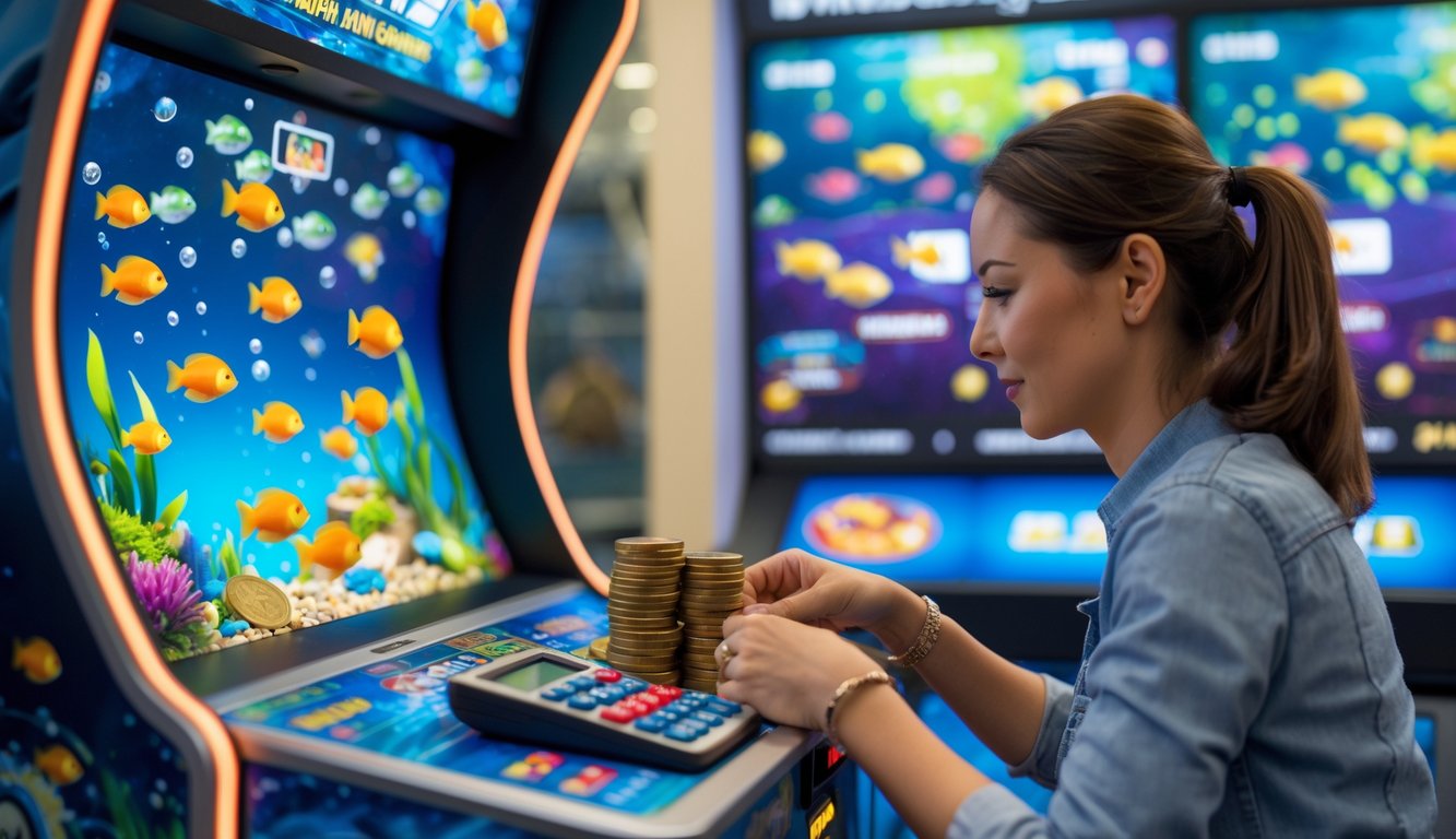 Seseorang sedang mengatur uang saat bermain mesin tembak ikan dengan taruhan kecil di area permainan yang rapi.