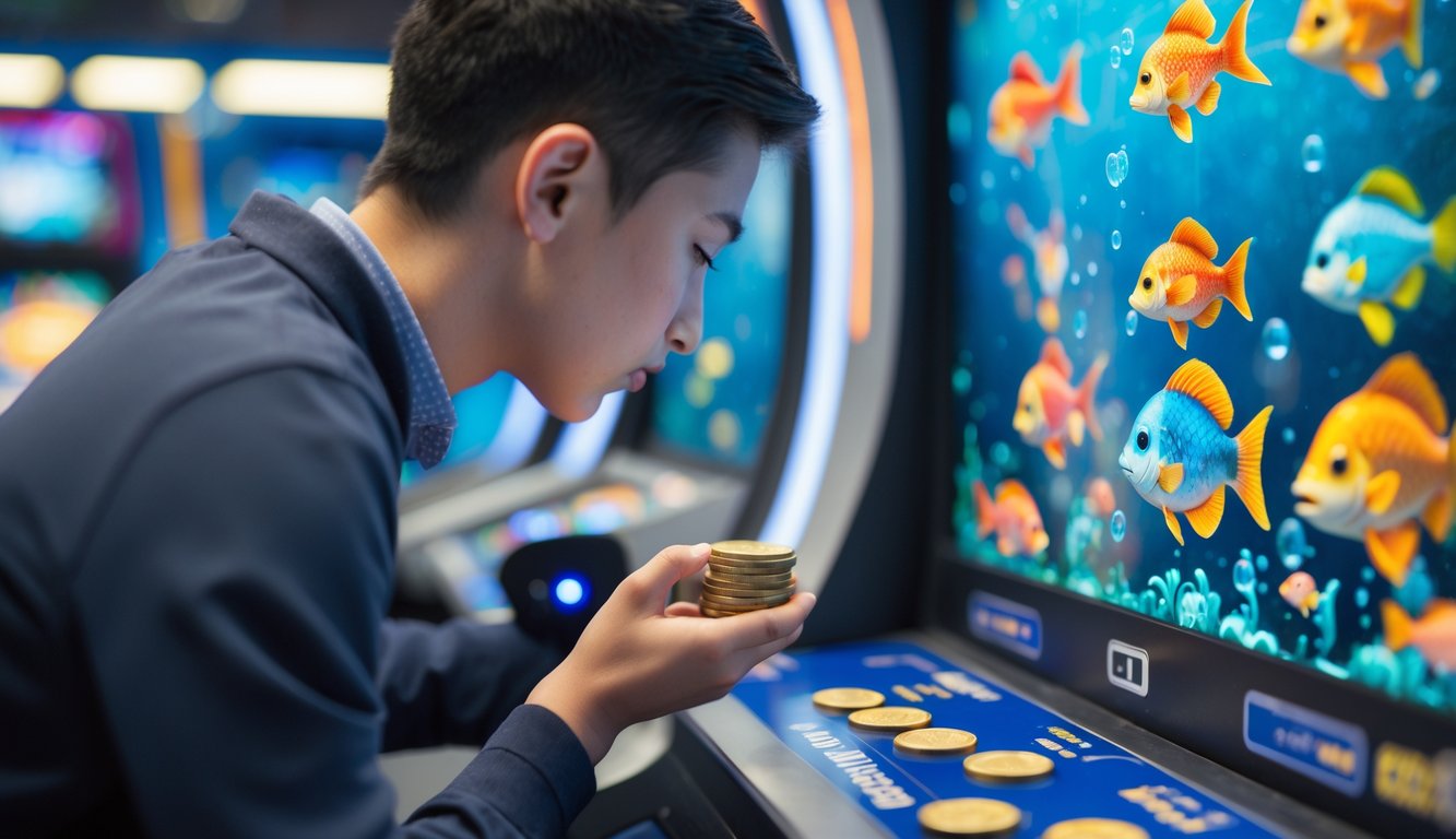 Seorang pemain sedang mengatur modal kecil saat bermain permainan tembak ikan di mesin arcade dengan latar belakang bertema bawah laut.