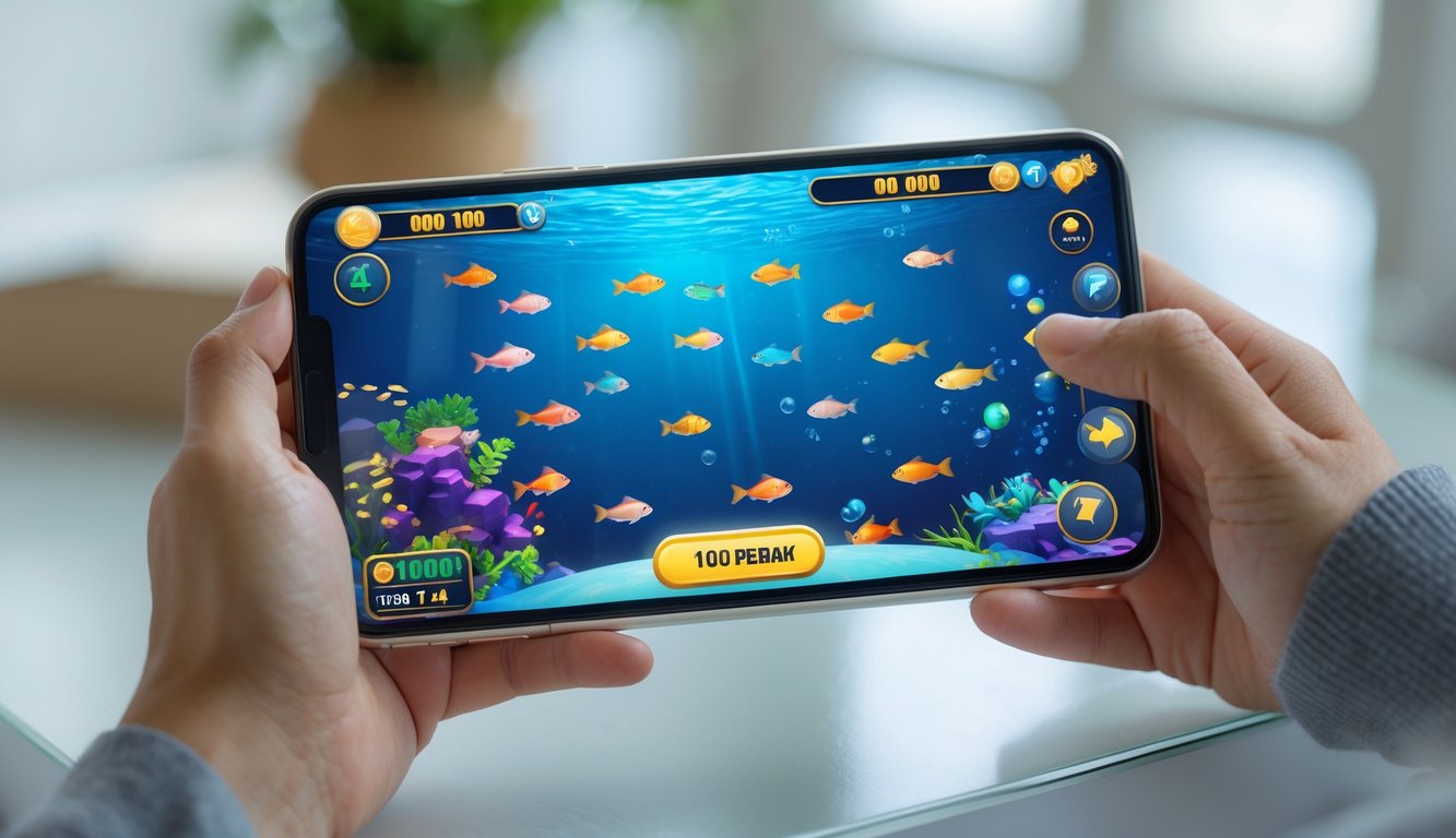 Seseorang memegang ponsel yang menampilkan permainan tembak ikan online dengan latar bawah laut berwarna cerah dan ikan animasi bergerak.