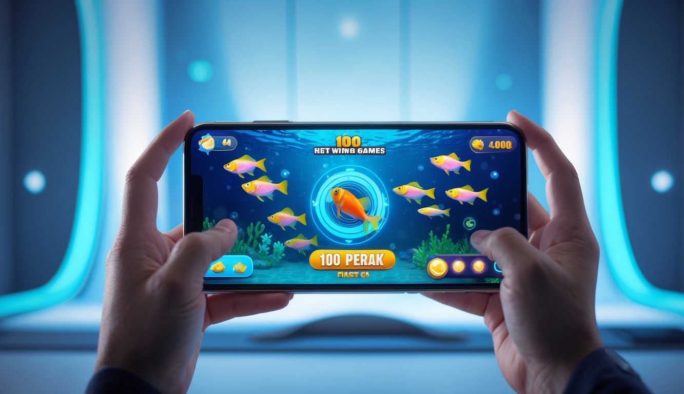 Seseorang memegang smartphone yang menampilkan permainan tembak ikan online dengan ikan berwarna-warni di layar.