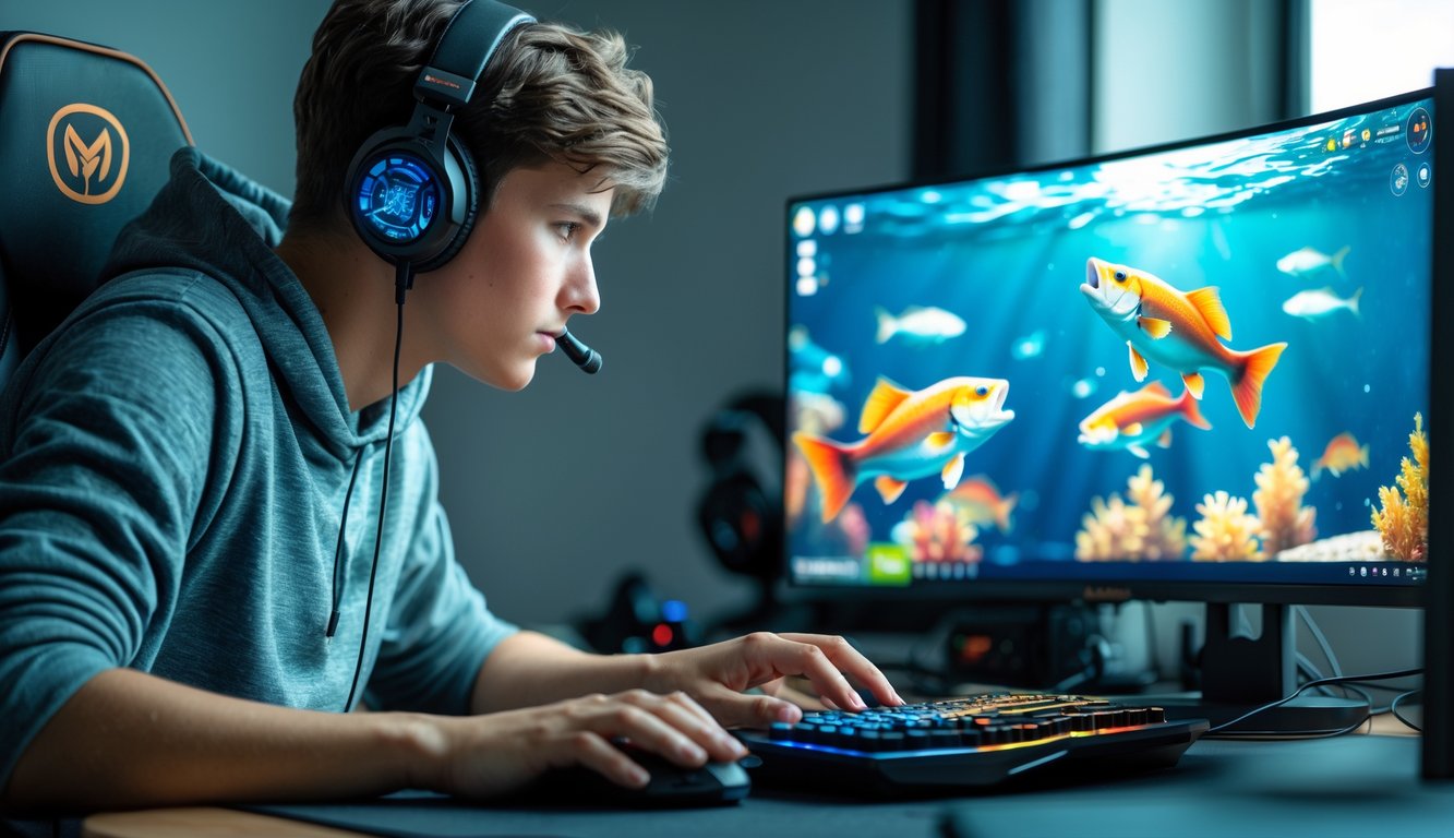 Seorang pemain muda sedang fokus bermain permainan menembak ikan besar di komputer dengan grafis bawah laut yang penuh warna.