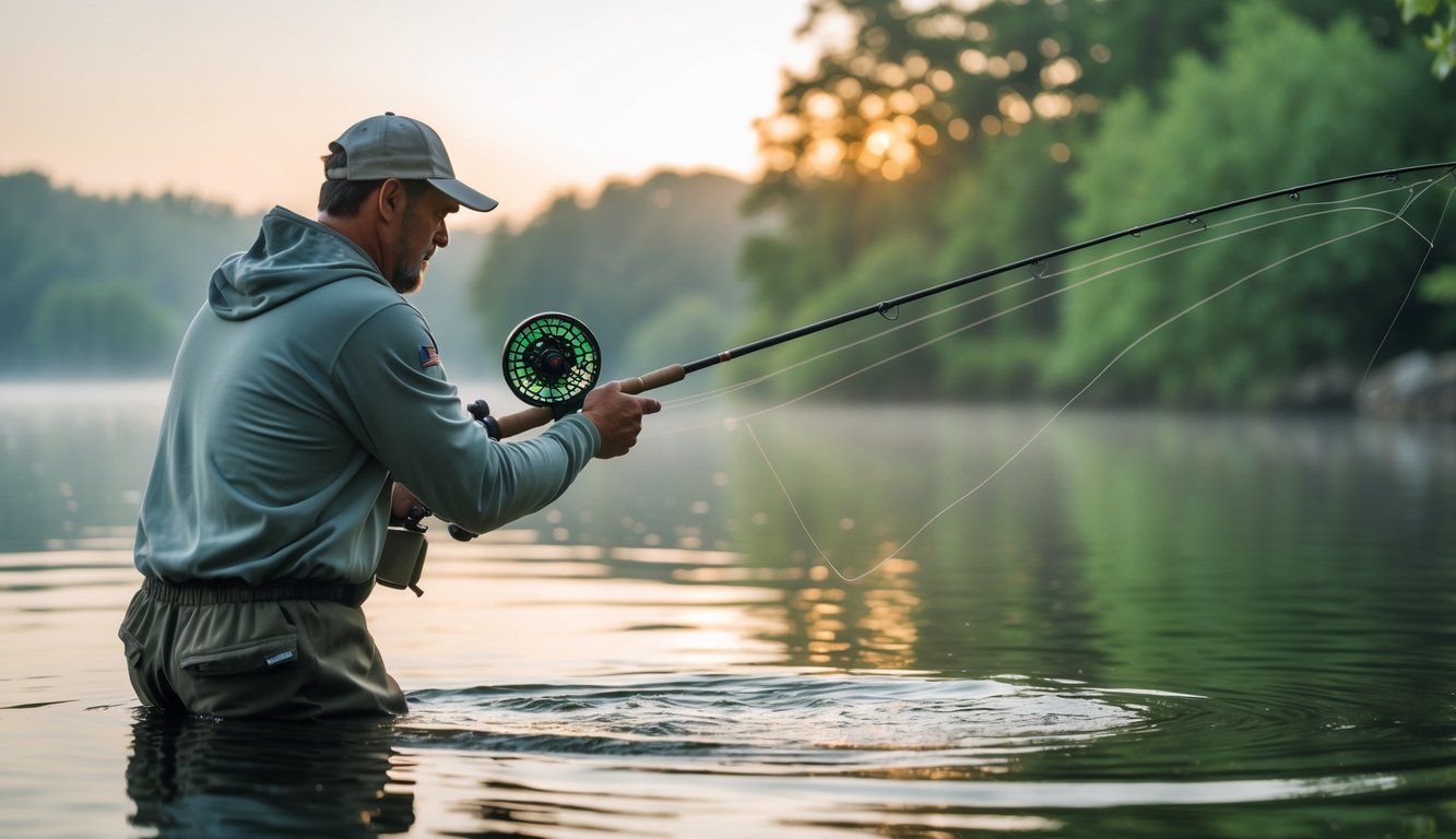 Seorang pemancing sedang mengarahkan alat pancingnya ke air di sebuah danau yang tenang dengan latar pepohonan hijau.