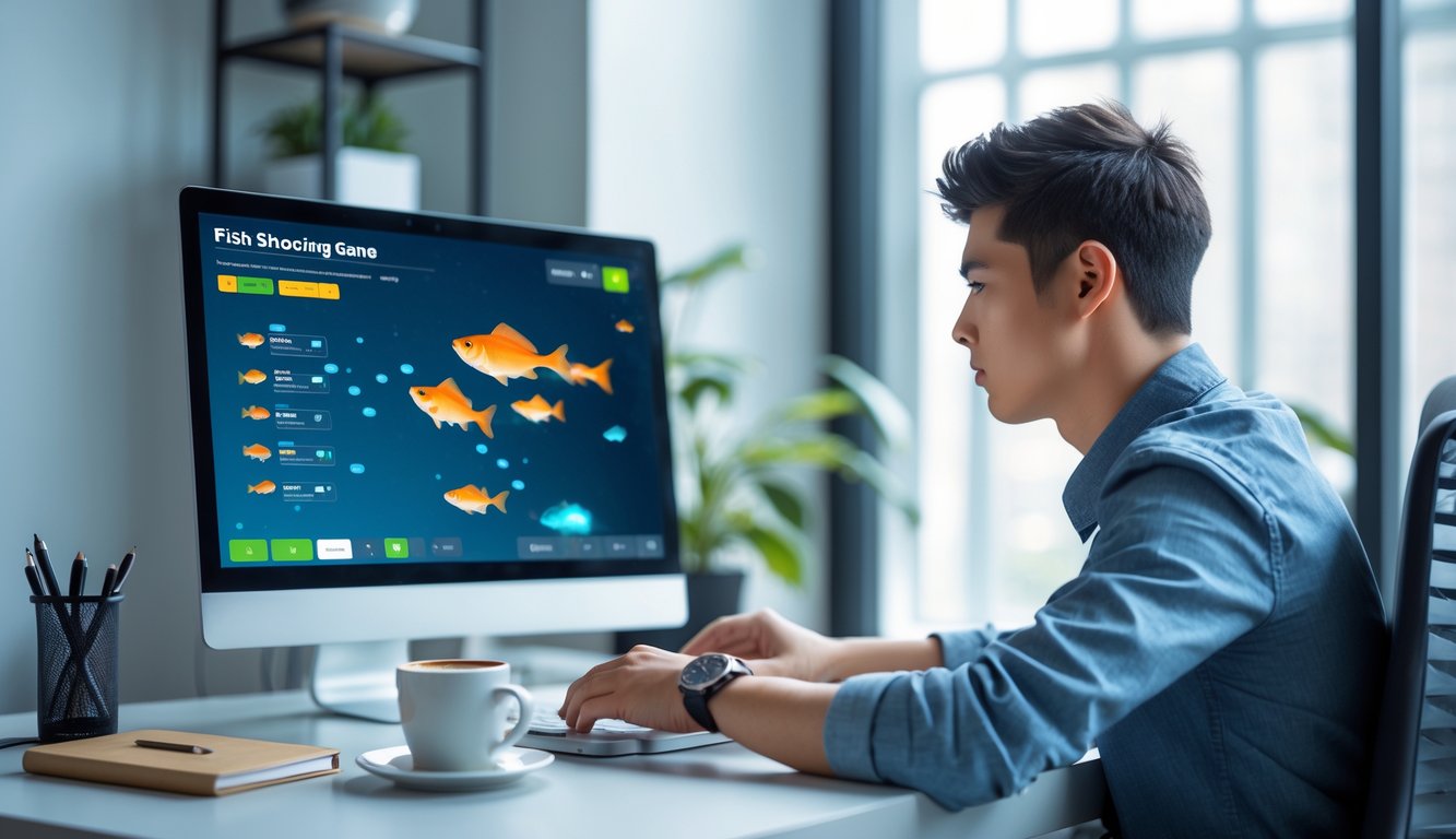 Seorang pria muda fokus bermain game tembak ikan online di depan komputer dengan suasana tenang dan meja rapi.