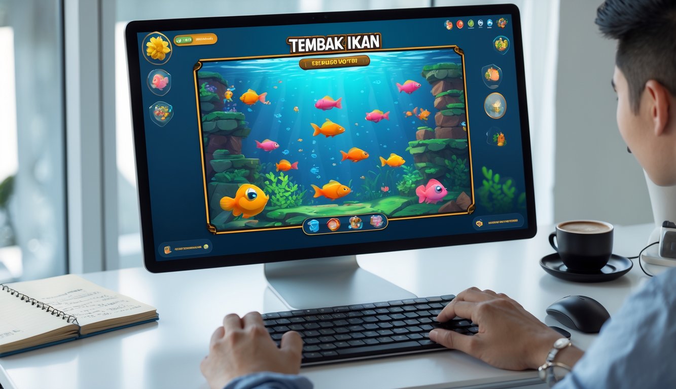 Seorang pemain sedang bermain game Tembak Ikan online di komputer dengan layar menampilkan ikan berwarna-warni dan elemen permainan bawah laut.