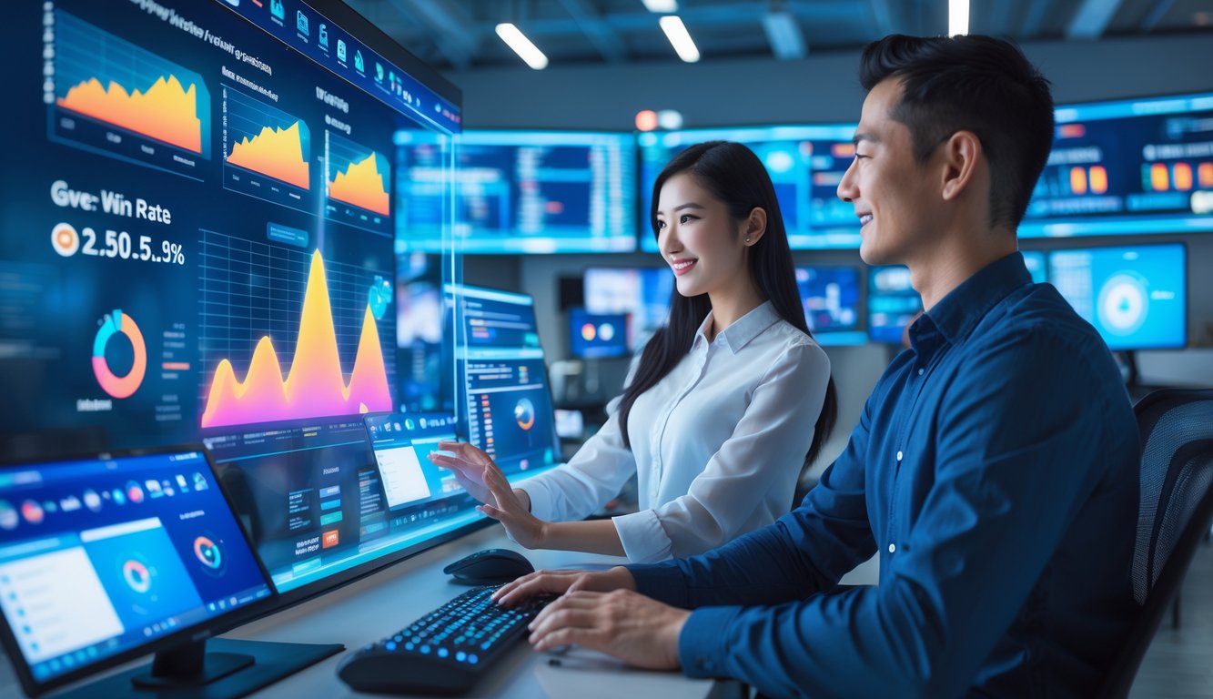 Dua orang muda berinteraksi dengan layar digital di kantor teknologi yang modern dan terang, menampilkan grafik dan data server online yang stabil dan berjalan 24 jam.