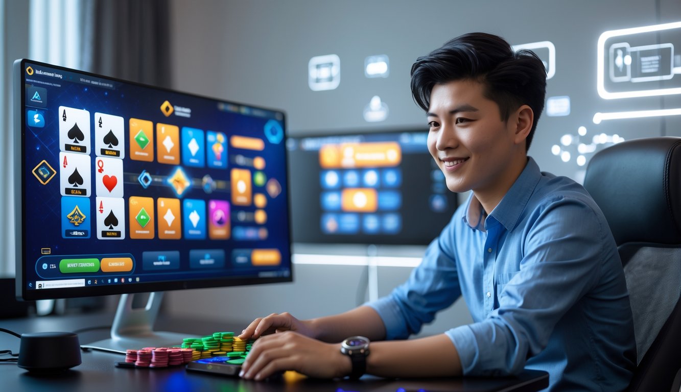 Seorang dewasa muda sedang bermain permainan kartu online di depan komputer dengan suasana ruangan yang tenang dan pencahayaan baik.