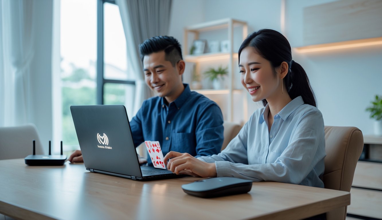 Seorang pria dan wanita Indonesia sedang bermain permainan kartu online di laptop di ruang tamu yang terang dan rapi.