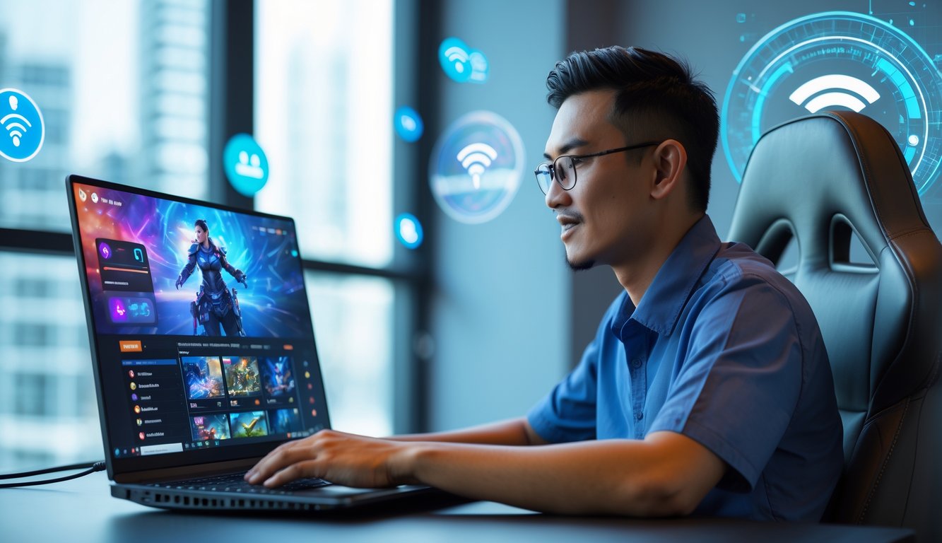 Seorang pria Indonesia duduk di depan laptop di ruangan modern, sedang bermain game online dengan tampilan layar yang jelas dan lancar.