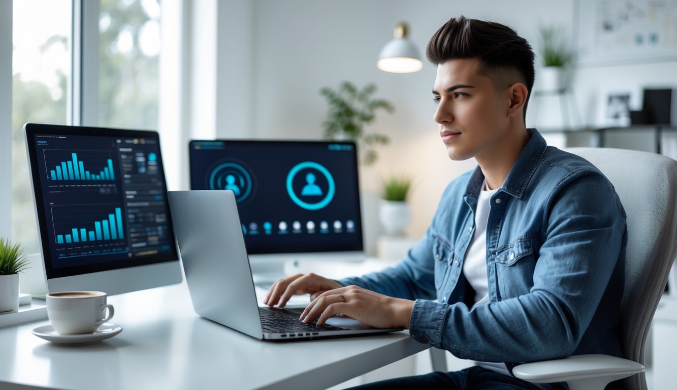 Seseorang duduk di meja dengan laptop, terlihat fokus dan tenang di ruang kerja yang terang dan rapi.