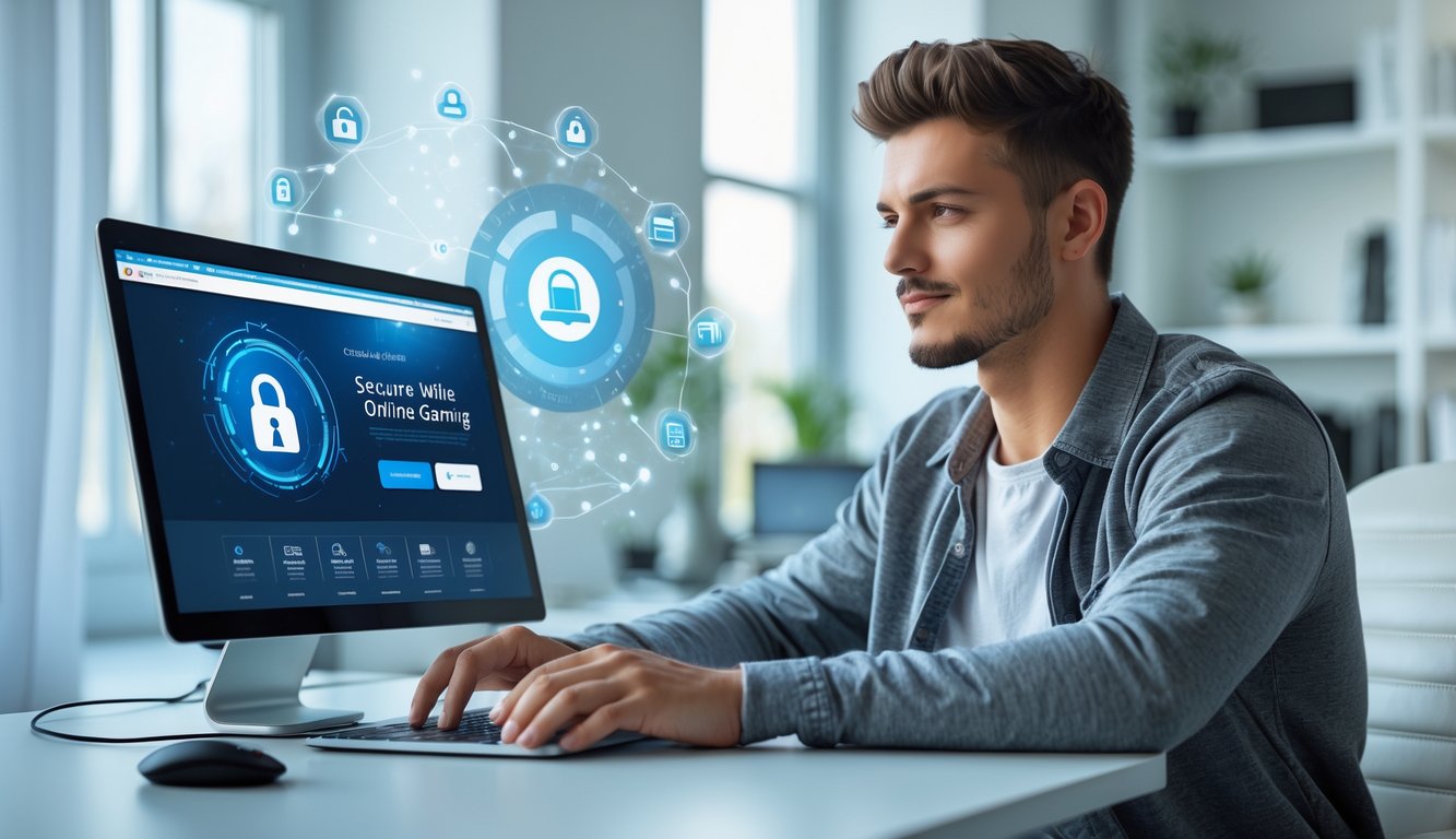 Seorang pria muda duduk di meja dengan laptop, fokus pada layar yang menunjukkan situs permainan online yang aman dan stabil.