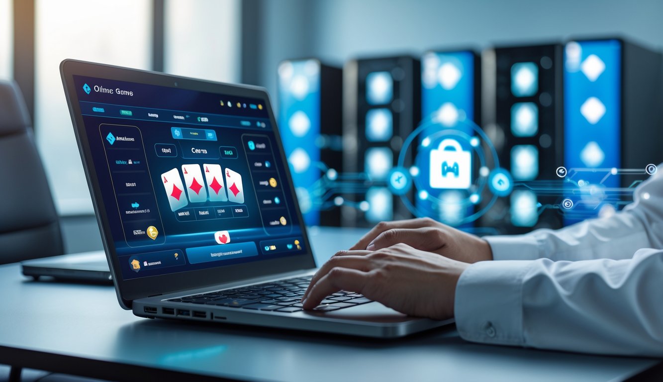 Seorang pengguna bermain permainan kartu online di laptop dengan latar belakang server komputer yang menyala, menunjukkan lingkungan permainan daring yang stabil dan terpercaya.