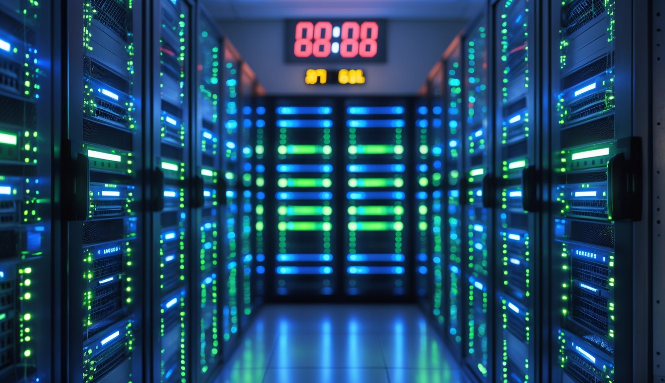 Ruang server modern dengan rak server berlampu LED yang menunjukkan operasi server yang stabil saat jam sibuk.
