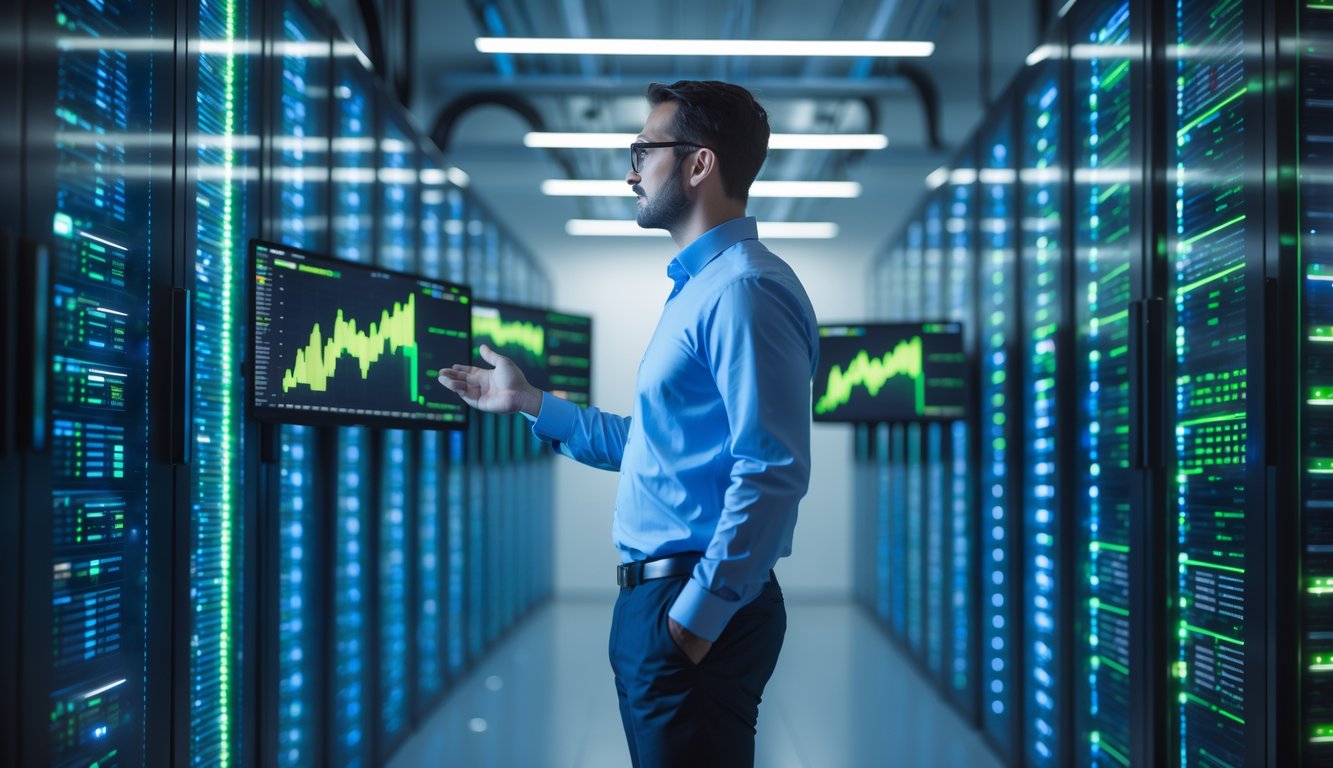 Seorang profesional IT memantau layar komputer di ruang server yang modern dan rapi dengan banyak server menyala di latar belakang.