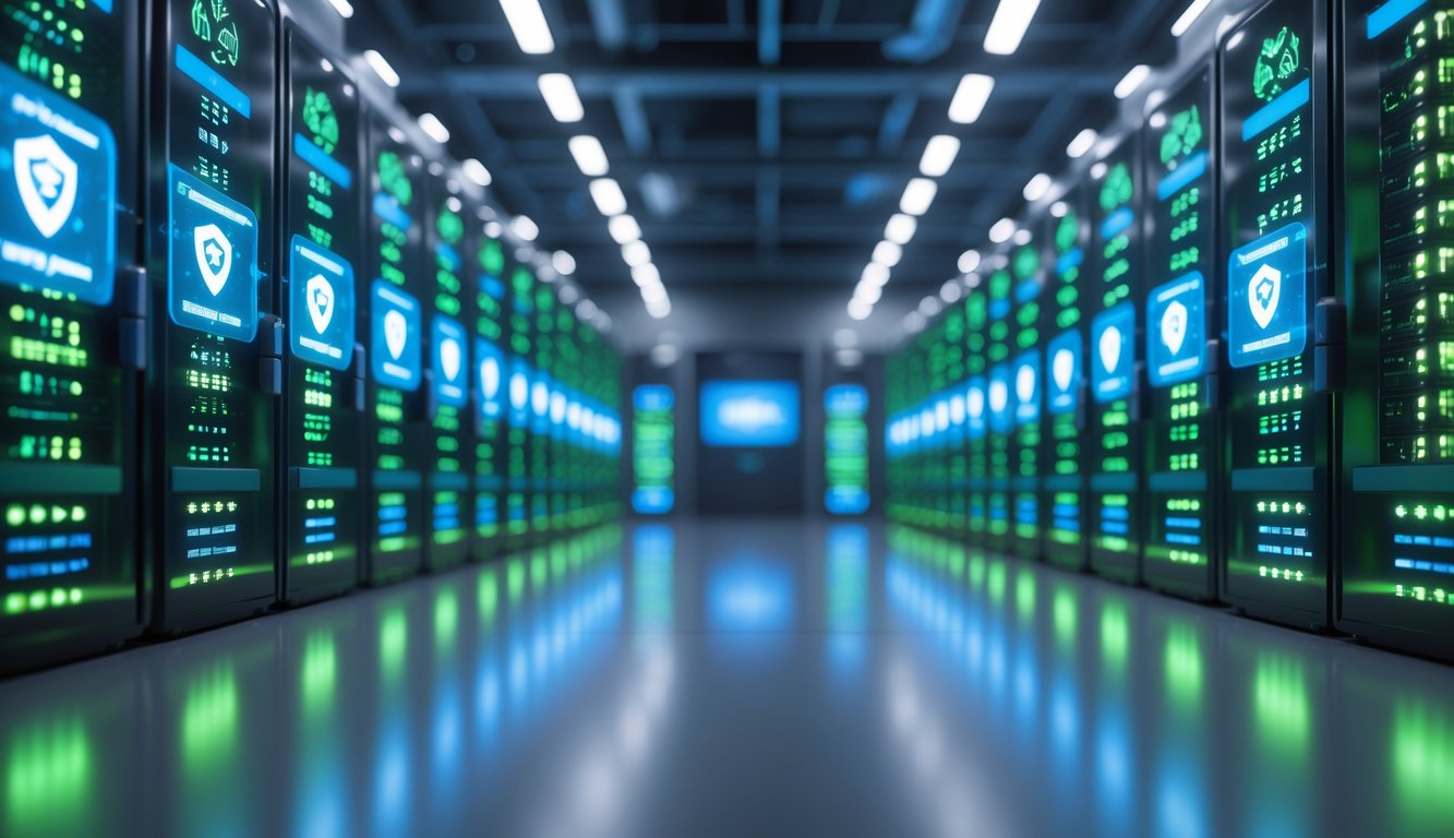 Ruang server modern dengan baris server bercahaya dan antarmuka digital yang menunjukkan sistem permainan yang adil dan stabil.