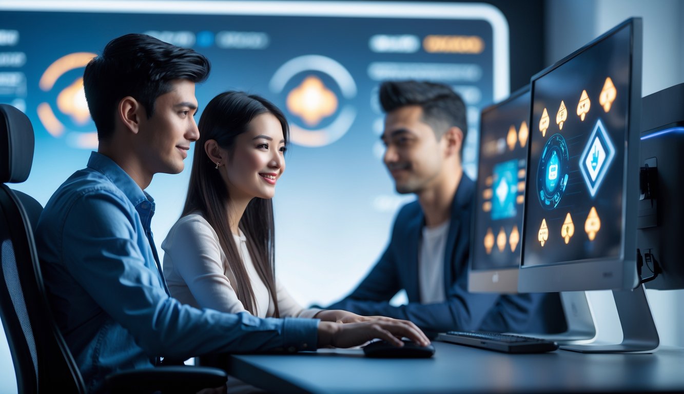 Dua orang dewasa duduk di depan komputer dengan layar menampilkan grafik permainan kartu online, menunjukkan suasana permainan online yang stabil dan adil.