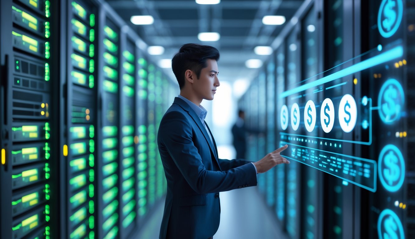 Seorang profesional muda sedang menggunakan antarmuka digital transparan di ruang server modern dengan lampu LED, menggambarkan proses penarikan dana cepat dan stabil.