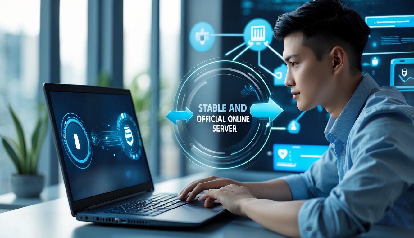 Seorang dewasa muda menggunakan laptop di ruangan modern yang terang dengan ikon digital yang menunjukkan konektivitas dan keamanan.