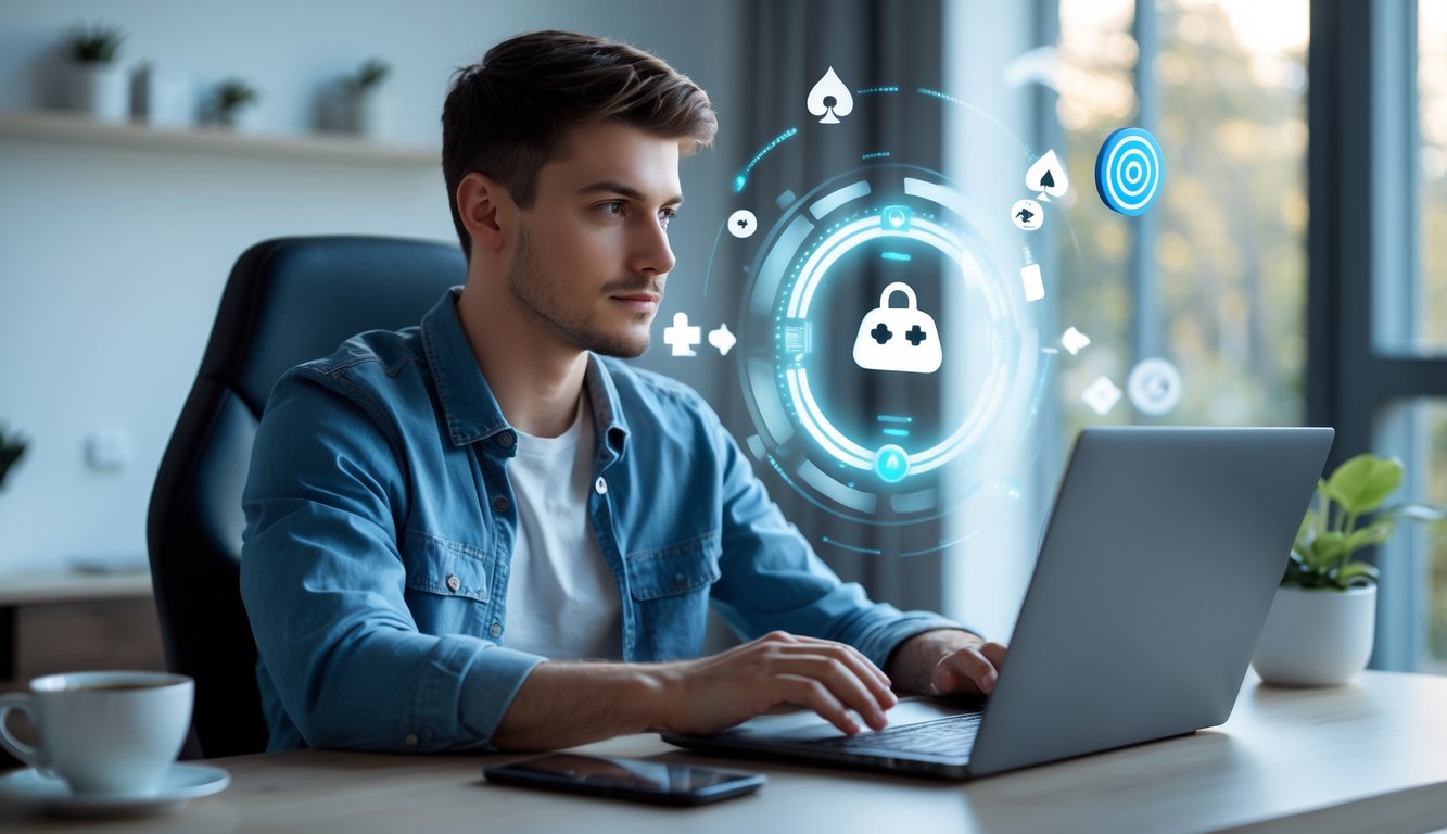 Seorang pria muda duduk di meja dengan laptop di ruang kerja modern, tampak fokus dan tenang dengan elemen digital permainan online di sekitarnya.