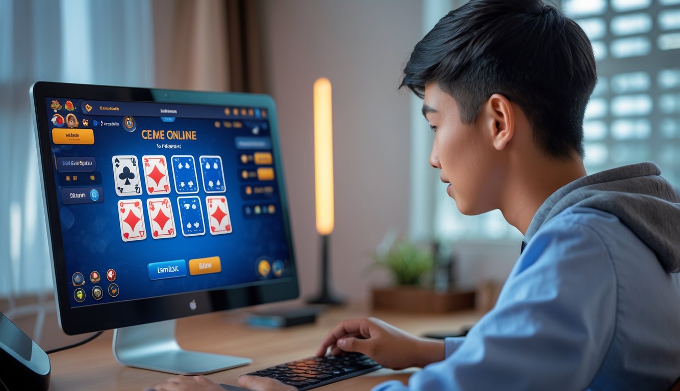 Seorang pemain muda sedang fokus bermain permainan kartu Ceme Online di depan komputer di ruangan yang nyaman.