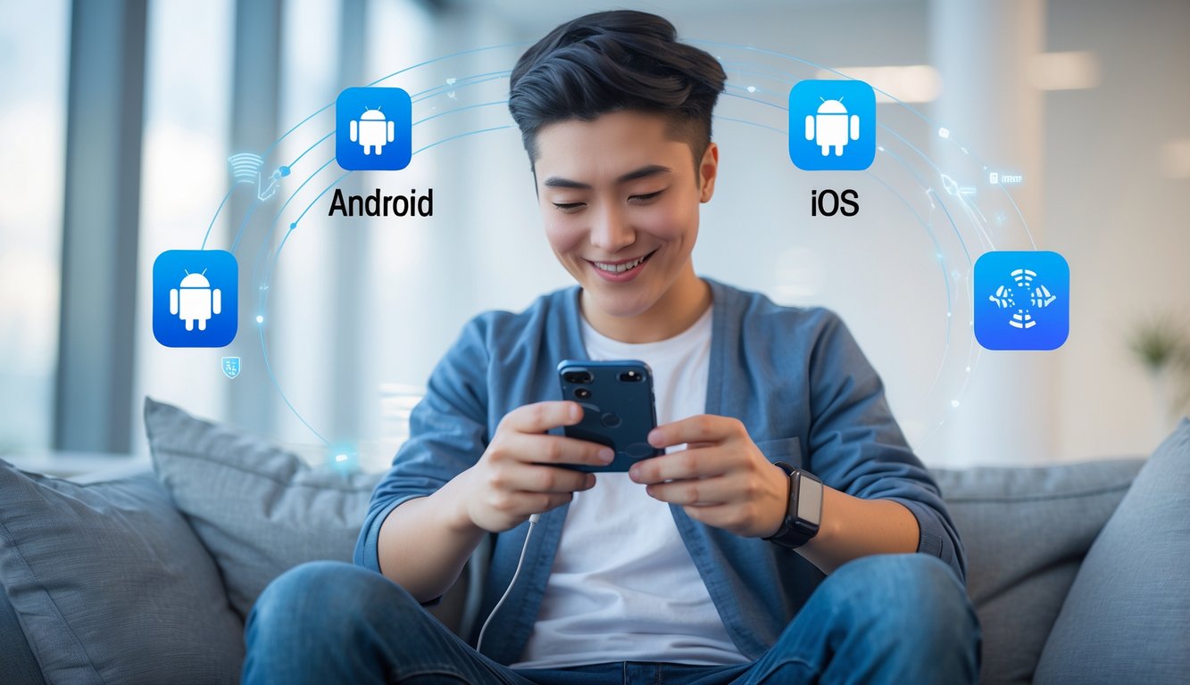 Seseorang menggunakan smartphone dengan tampilan Android dan iOS, menunjukkan akses mudah ke permainan online dengan koneksi server yang stabil.