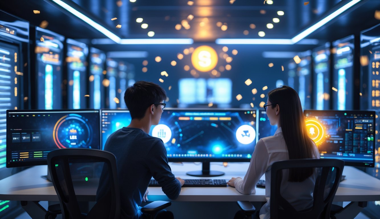 Dua orang muda sedang bermain game online di komputer dengan latar belakang ruang server yang modern dan terang.