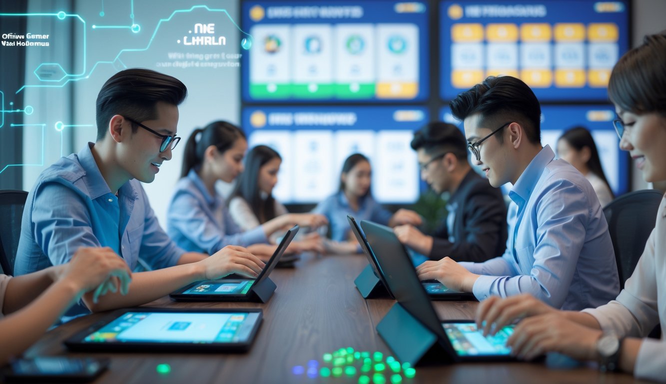 Beberapa orang bermain permainan kartu online di laptop dan tablet dalam ruangan modern yang terang dan nyaman.