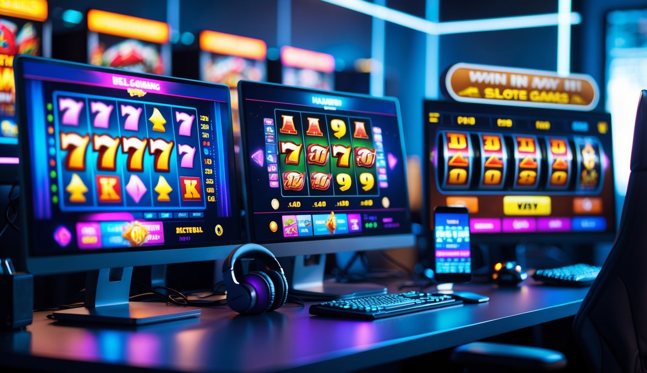 Sebuah ruang kerja modern dengan beberapa layar komputer menampilkan permainan mesin slot berwarna-warni yang sedang berputar.
