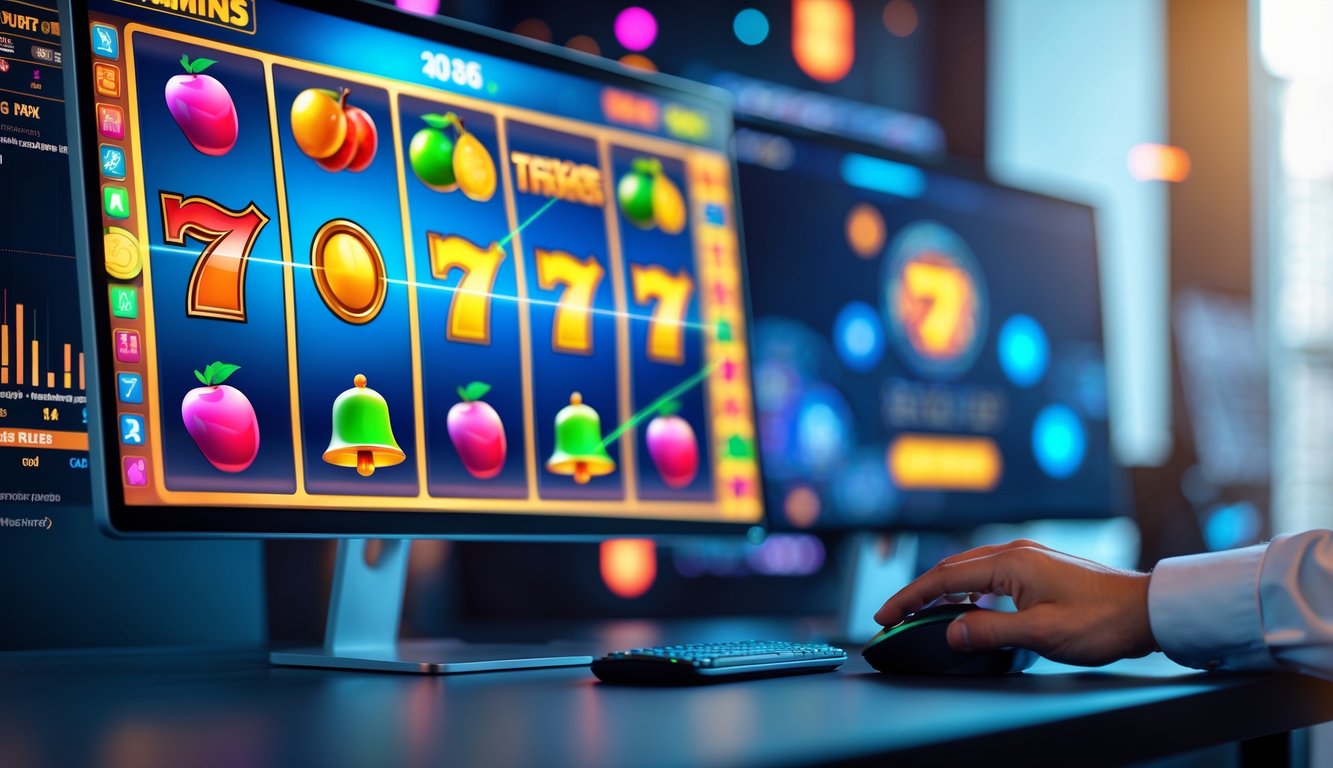 Seseorang menggunakan komputer dengan layar menampilkan permainan slot online yang berwarna-warni dan simbol-simbol khas slot.