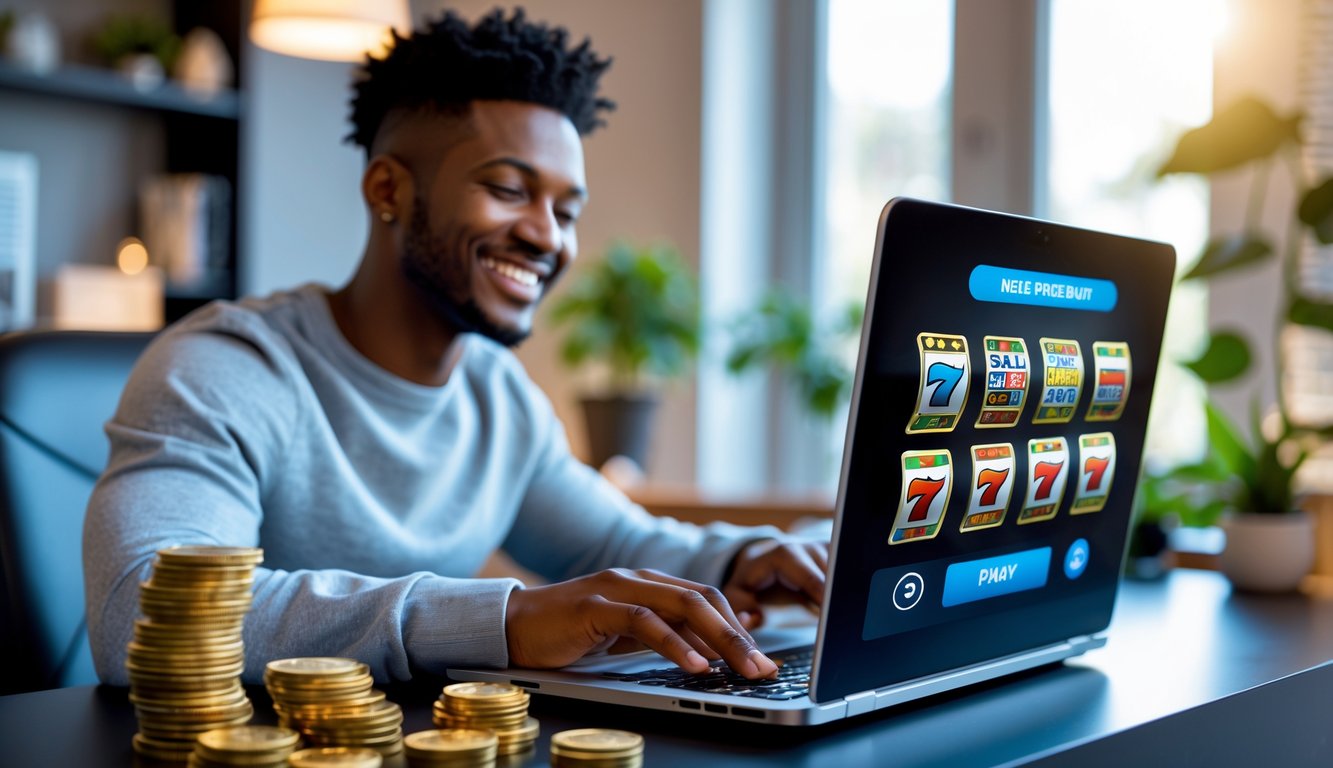 Seorang dewasa muda duduk di meja modern menggunakan laptop untuk bermain slot online dengan ekspresi senang dan suasana ruangan yang nyaman.