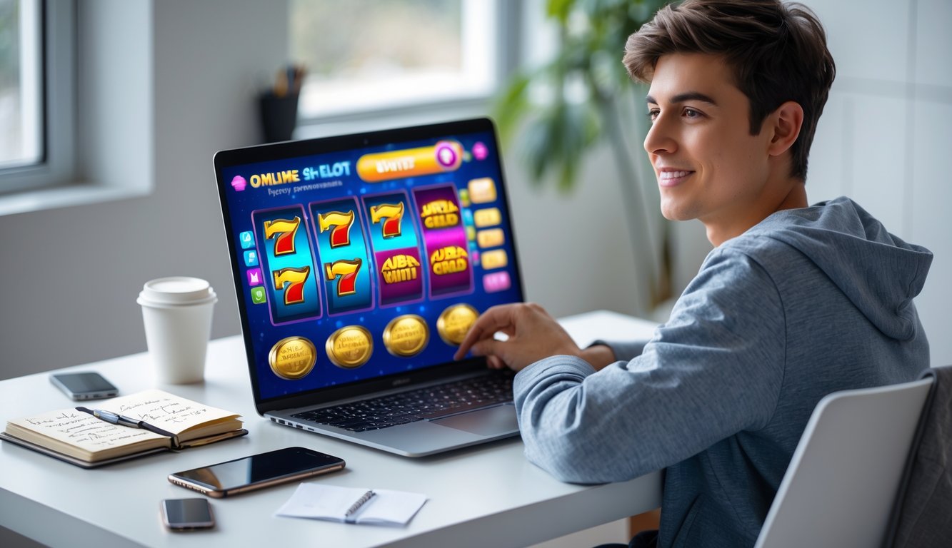 Seorang dewasa muda duduk di meja dengan laptop yang menampilkan permainan slot online, terlihat fokus dan percaya diri di ruang kerja rumah yang terang.