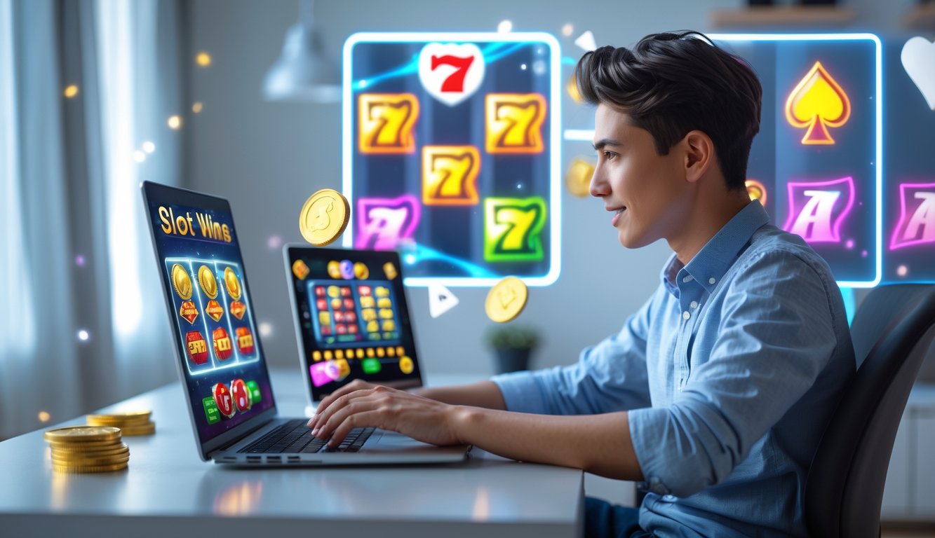 Seorang dewasa muda duduk di meja dengan laptop yang menampilkan grafik mesin slot warna-warni, di ruang tamu yang rapi dan modern.