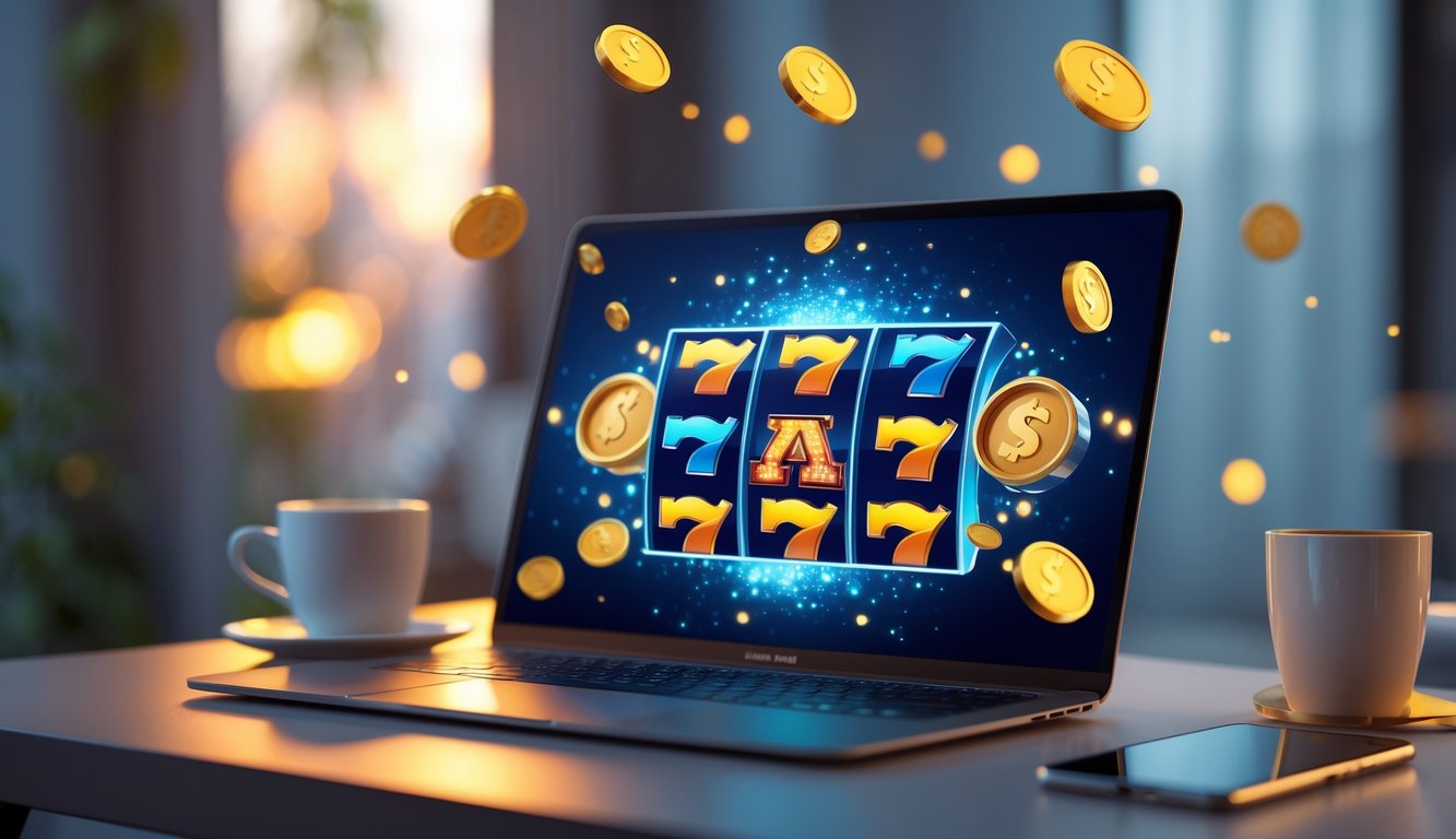 Layar laptop menampilkan permainan slot online dengan simbol jackpot dan koin emas di sekitar, di meja dengan cangkir kopi dan ponsel.