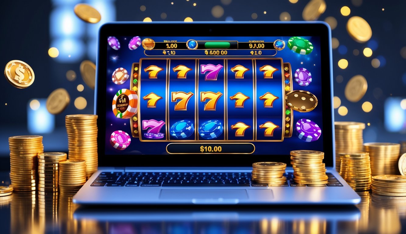 Sebuah layar komputer menampilkan permainan slot online dengan simbol kemenangan dan koin emas di sekitarnya.